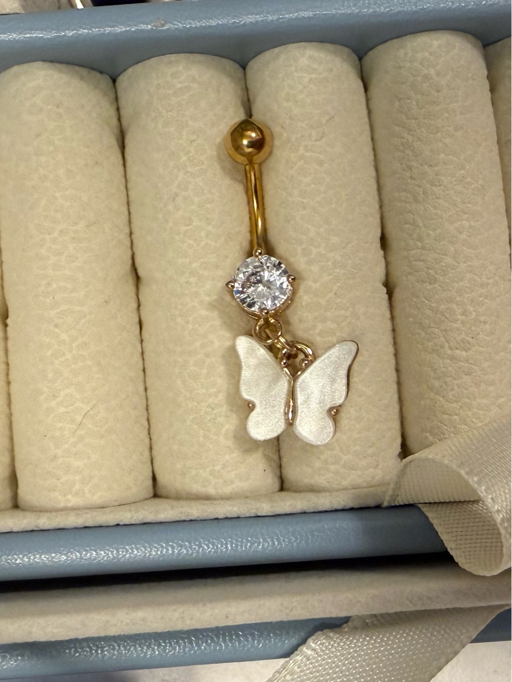 Butterfly Dangle Navel Ring with White Accent and Clear Gem